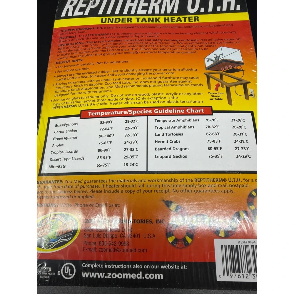 Zoo Med ReptiTherm U.T.H. Under Tank Heater 8W for 10-20 Gallon Terrariums RH-4